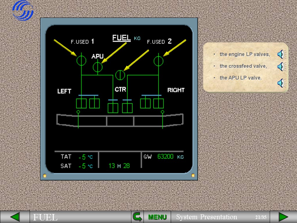 MENU the engine LP valves, the crossfeed valve, the APU LP valve.